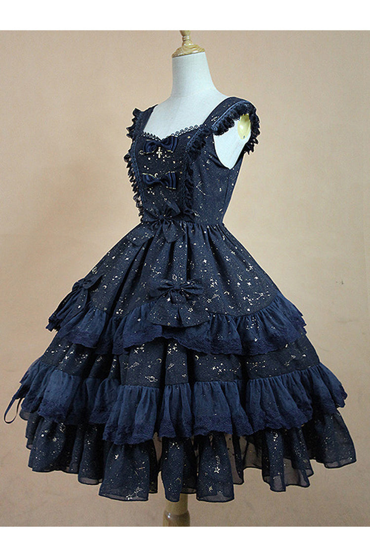 Chiffon Golden Star Bowknot Print Classic Lolita Sling Dress - Product - 4
