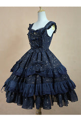 Chiffon Golden Star Bowknot Print Classic Lolita Sling Dress - Product - 4