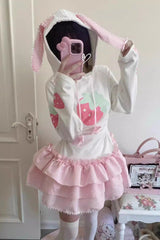 White/Pink Long Sleeves Triple-Layered Strawberry Print Hooded Sweet Lolita Dress - Product - 3