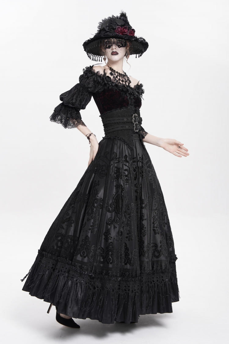Black Jacquard Embroidery Buckle Tassels Women's Gothic Long Skirt - Product - 8