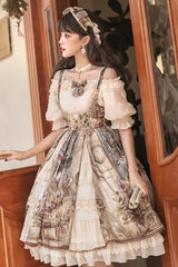 Brown [Cloria] Oil Painting Print Bowknot Lace Sweet Elegant Palace Lolita Jsk Dress - Product - 9