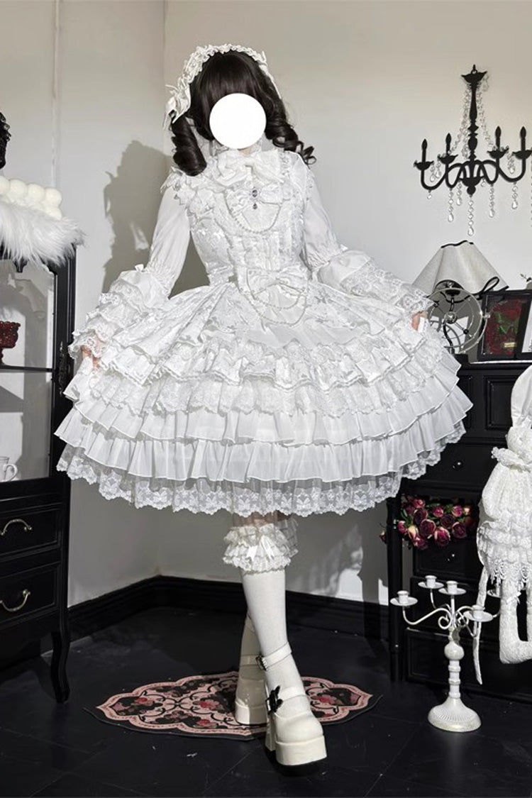 [Love Feather] Multi-Layered Hanayome Bowknot Lace Sweet Gorgeous Lolita Jsk Dress 4 Colors - White - 7