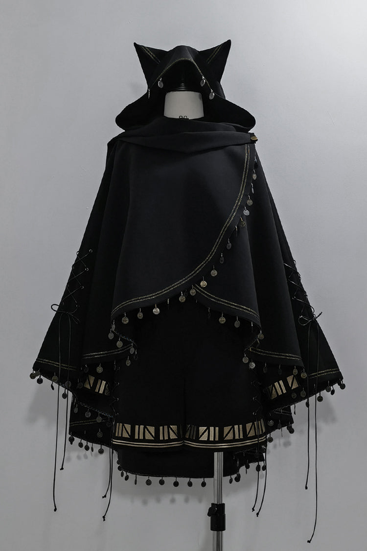 Black [Black Cat] Embroidery Cat Ears Hooded Ouji Gothic Prince Handsome Lolita Cloak - Product - 3