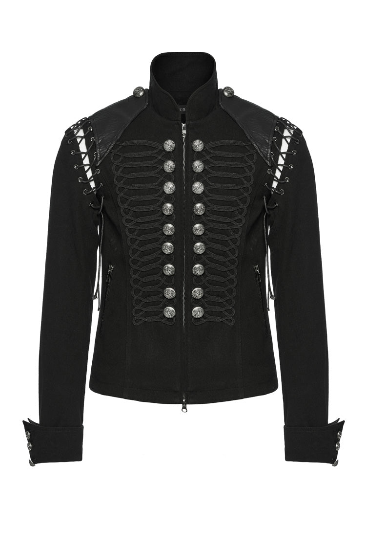 Black/Silver Stand Collar Long Sleeves Lace-Up Buttons Men's Punk Jacket - Product - 3