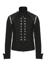 Black/Silver Stand Collar Long Sleeves Lace-Up Buttons Men's Punk Jacket - Product - 3