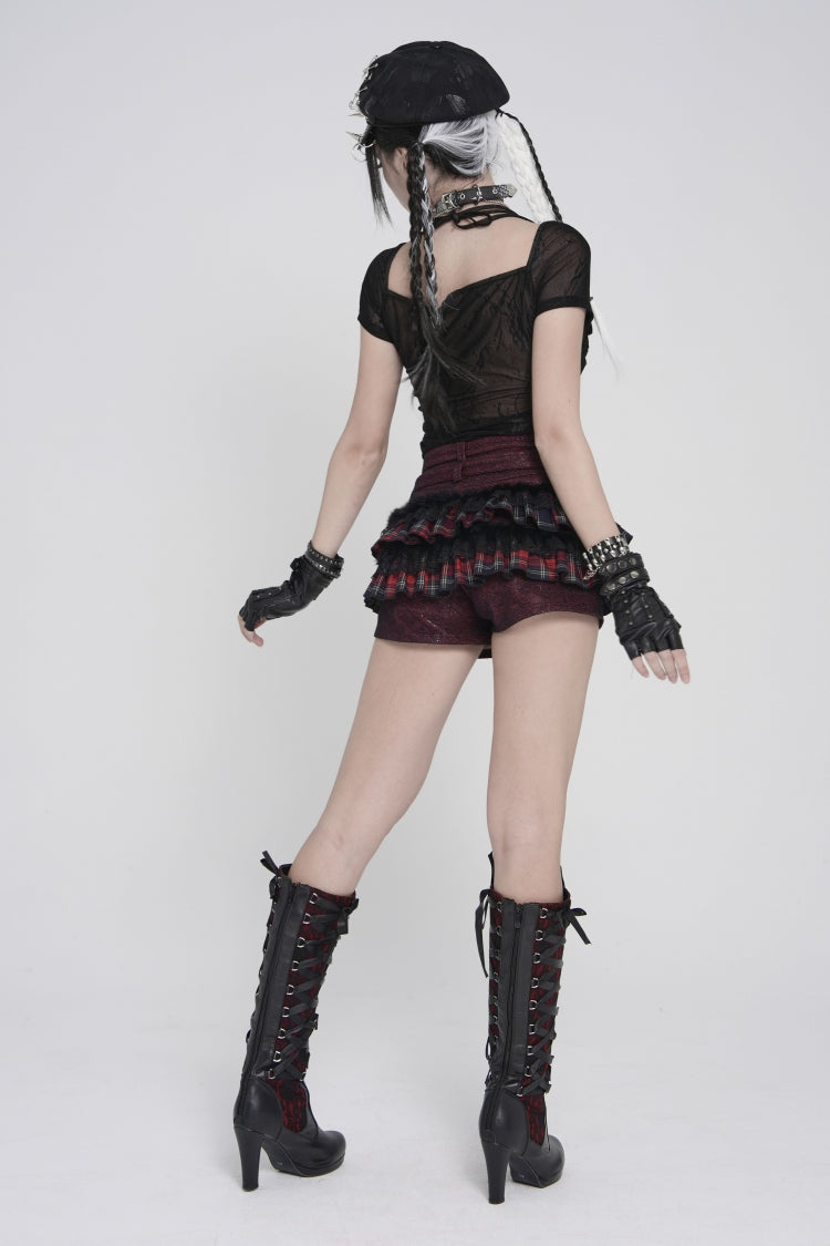 Black Short Sleeves Slim Studded Pleated Chain-Decorated Women's Punk Cool Blouse - Product - 6