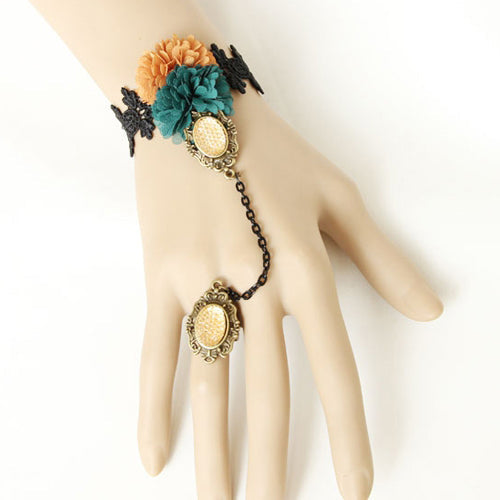 Retro Fashion Personality Halloween Black Lace Dark Green Orange Flower Female Lolita Ring Bracelet - Multi-Color - 1