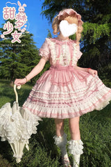 Pink Rabbit Print Sweet Dream Girl Short Sleeves Ruffle Bowknot Stitching Lace Lolita Dress - Product - 10