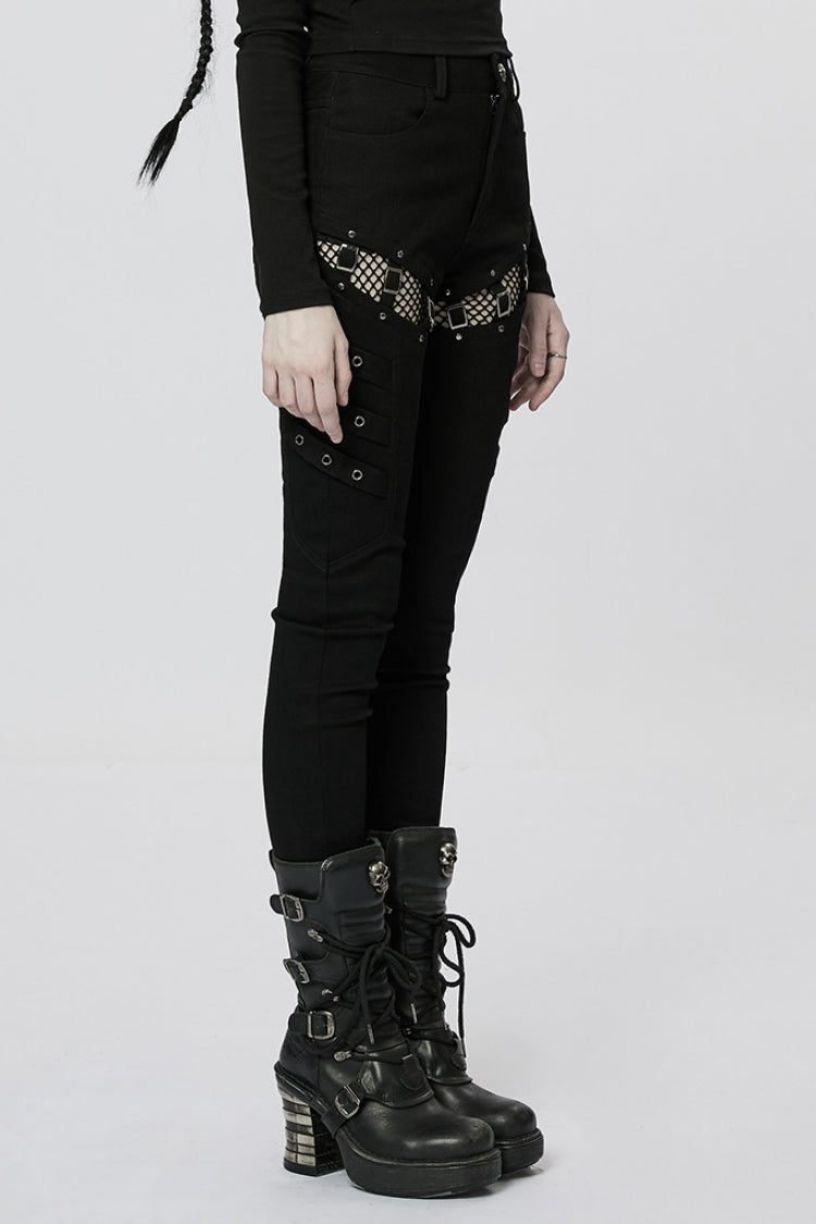 Black Stitching Slim Mesh Buckles Metal Hardware Women's Steampunk Pants - Product - 2