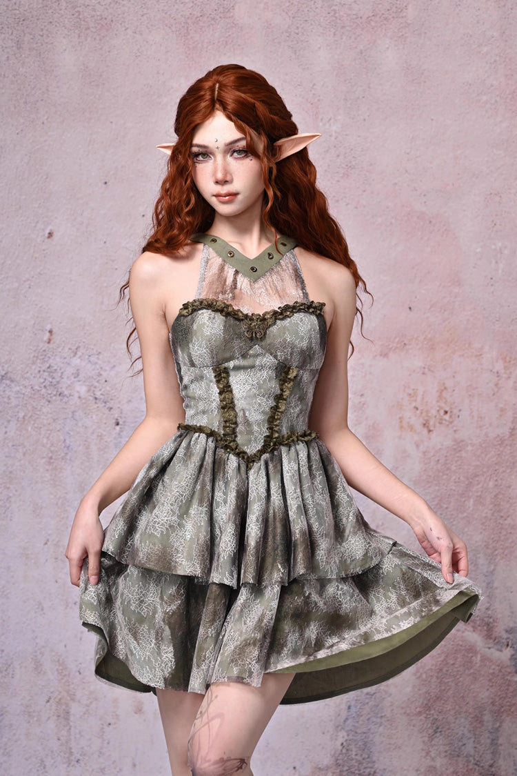 Light Green Halterneck Double-Layered Print Ruffle Lace Tie-dyed Vintage Jsk Dress - Product - 2