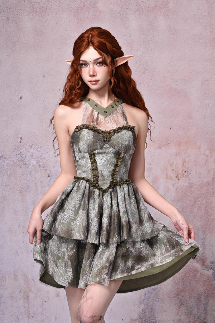 Light Green Halterneck Double-Layered Print Ruffle Lace Tie-dyed Vintage Jsk Dress - Product - 2