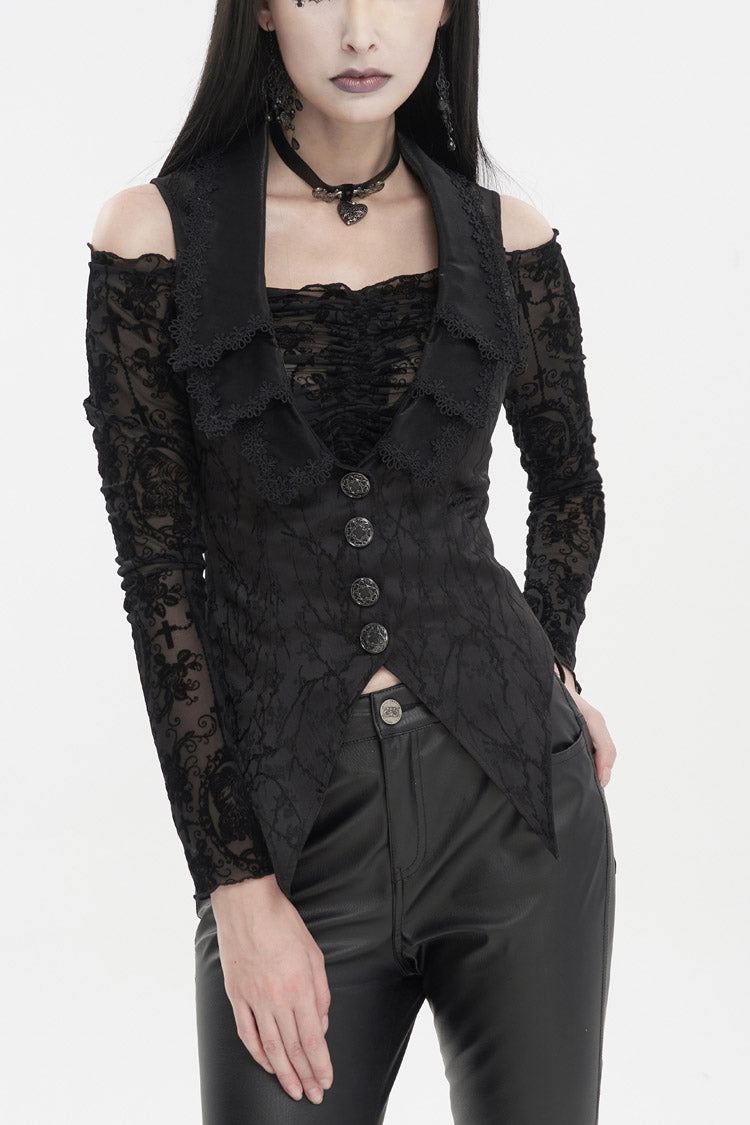 Black Plum Blossom Texture Deep V Back Rope Adjustable Women's Gothic Vest - Black - 1