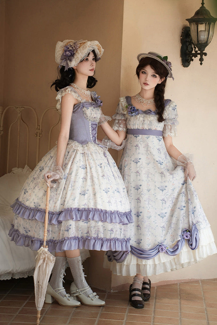 Purple/Ivory [Iris Secrets] Double-Layered Print Ruffle Bowknot Lace-Up Fake Two Pieces Sweet Lolita Jsk Dress - Product - 11