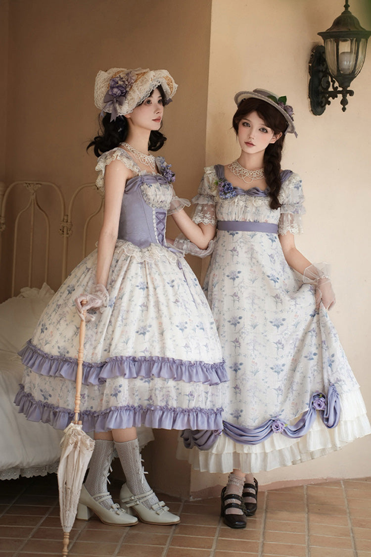 Purple/Ivory [Iris Secrets] Short Sleeves Double-Layered Print Ruffle Bowknot Lace-Up Sweet Lolita Dress - Product - 7