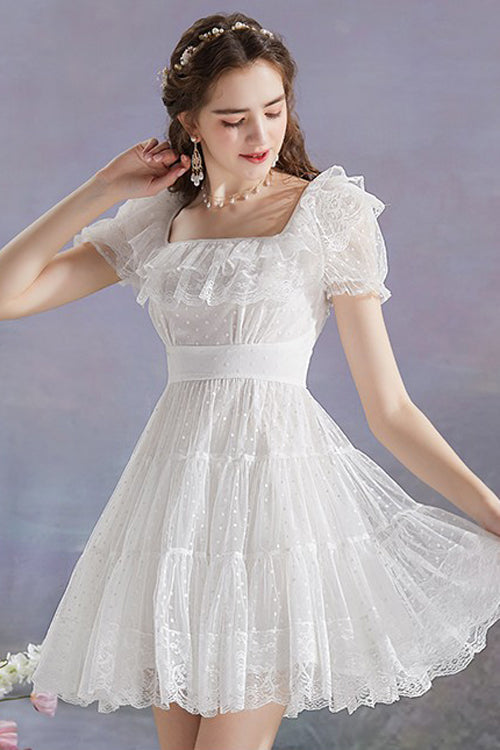 White Vintage Square Collar Ruffled Princess Short Sleeve Dot Print High Waisted Mesh Sweet (Dress Only) detail view 3