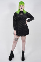 Black Front Chest Hollow-Out Decals Long Sleeve Back Waist Lace-Up Plus Size Mercerized Velvet Print Women's Gothic Dress - Product - 4