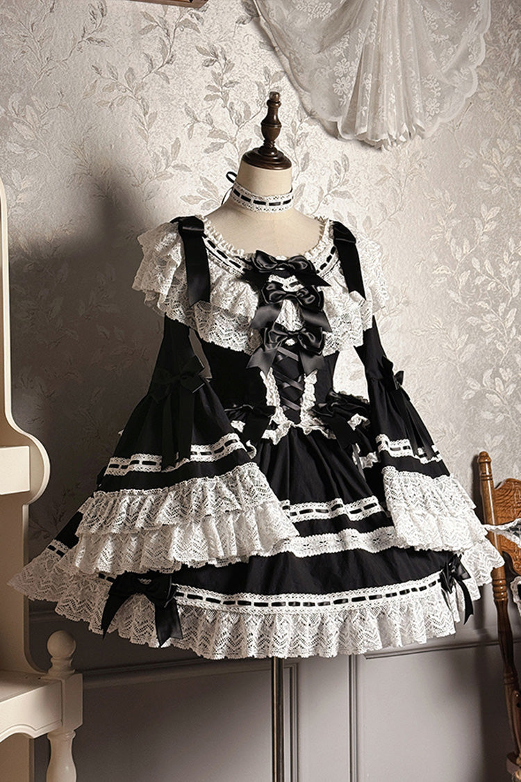 Black [Rabbit Sleeping Doll] Long Trumpet Sleeves Ruffle Bowknot Lace Sweet Lolita Dress - Black - 1