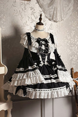 Black [Rabbit Sleeping Doll] Long Trumpet Sleeves Ruffle Bowknot Lace Sweet Lolita Dress - Black - 1
