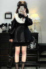 Black/White [Rose Princess] Off Shoulder Long Sleeves Ruffle Bowknot Gothic Jirai Kei Dress - Product - 2