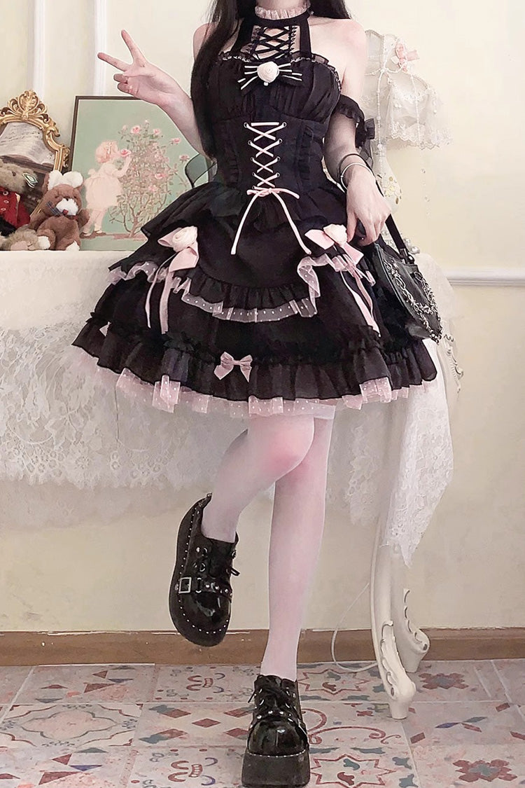 Black/Pink Lace Up Multi-layer Ruffle Cardigan Bowknot Gothic Lolita Jsk Dress - Product - 7
