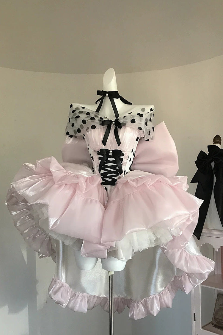 Pink [Polka Dot × Gown Coronation] Sleeveless Printed Ruffled Bow Lace-Up Princess Gorgeous Sweet Lolita Dress - Pink - 1
