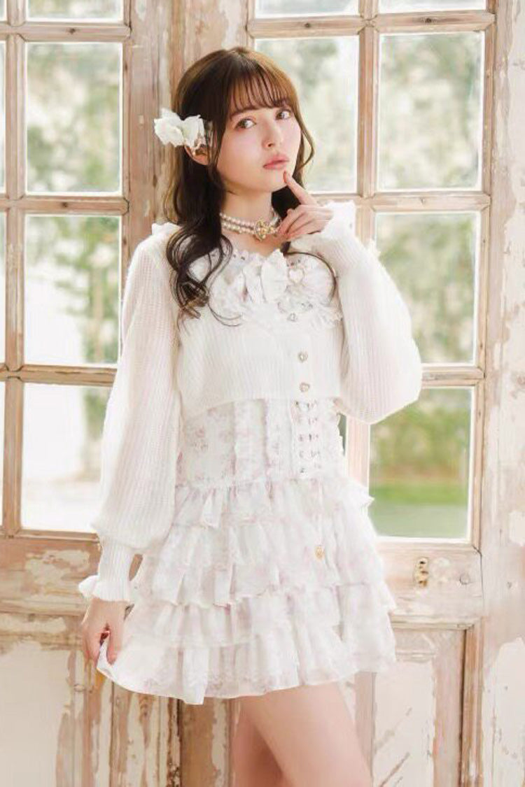 Jirai Kei Long Sleeves Multi-Layered Printed Ruffled Bow Sweet Dress 3 Colors - Product - 7