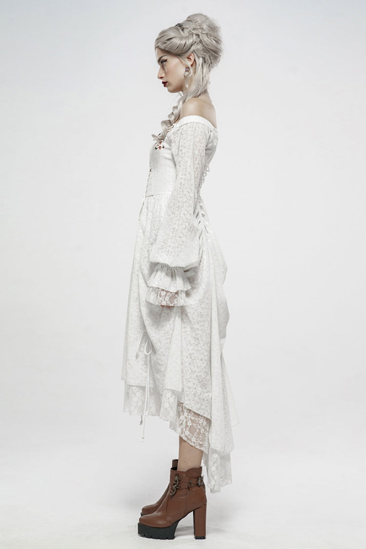 White Off Shoulder Long Puff Sleeves Ruffle Mesh Women's Gothic Dress - Product - 2