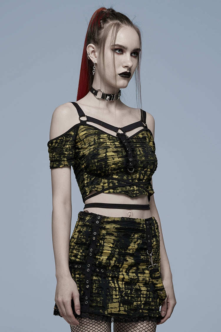 Off Shoulder Short Sleeves Print Ripped Women's Gothic Blouse 2 Colors - Product - 10