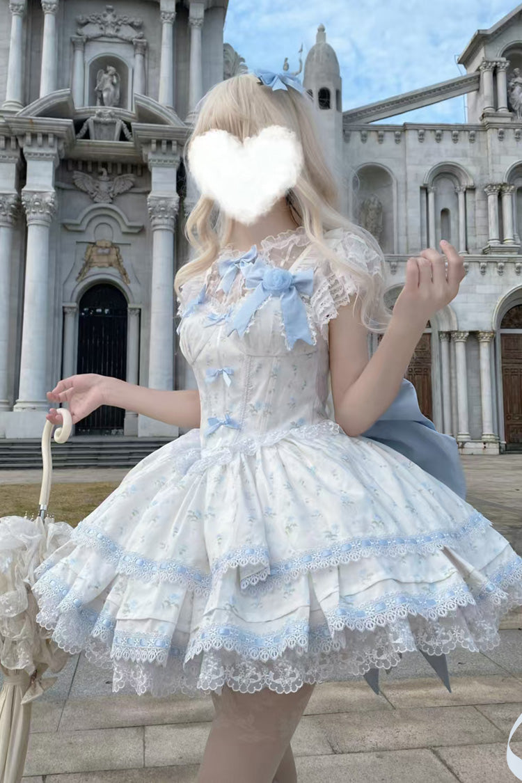 Blue [First Love Rose] Multi-Layered Print Ruffle Bowknot Lace Sweet Lolita Jsk Dress Set - Product - 4