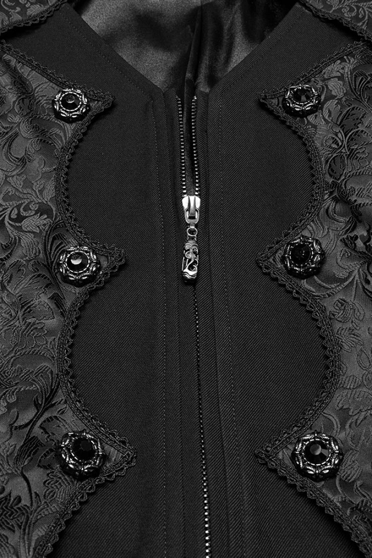 Black Stand Collar Long Sleeves Jacquard Stitching Swallow-tailed Men's Gothic Coat - Product - 6