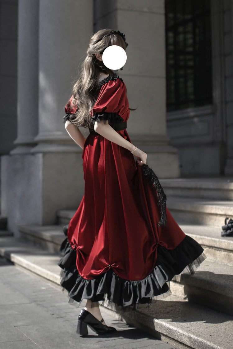 Red Square Collar Short Sleeves Ruffle Bowknot Sweet Regency-Style Vintage Lolita Dress - Product - 11
