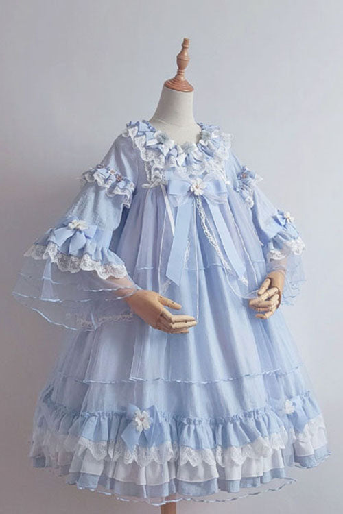 Blue Bowknot Trumpet Sleeves Multi-Layer Ruffled Sweet Lolita OP Tiered Dress - Blue - 1