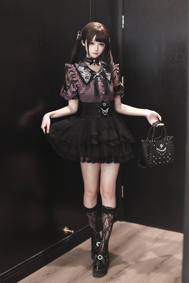 Purple [Dreamy Love Ballad] Lapel Collar Short Sleeves Double-Layered Ruffled Cut-Out Bow Gothic Japanese Jirai Kei Skirt Set - Product - 4