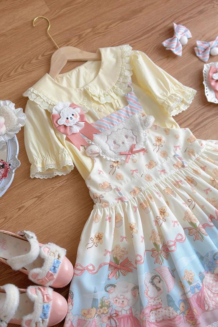 Blue/Pink Sheep Waltz Print Ruffle Bowknot Lace Sweet Lolita Strap Dress - Product - 2