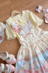 Blue/Pink Sheep Waltz Print Ruffle Bowknot Lace Sweet Lolita Strap Dress - Product - 2