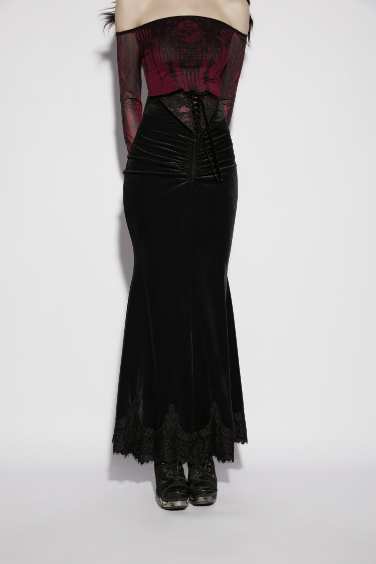 Black Lace Velvet Pleated Women's Gothic Elegant Mermaid Skirt - Product - 8