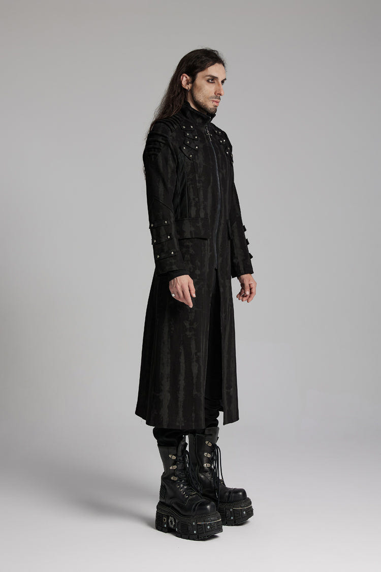ブラック スタンドカラー 長袖 リベッツ ストラップ ジップ メンズ パンク ロングコート 商品画像