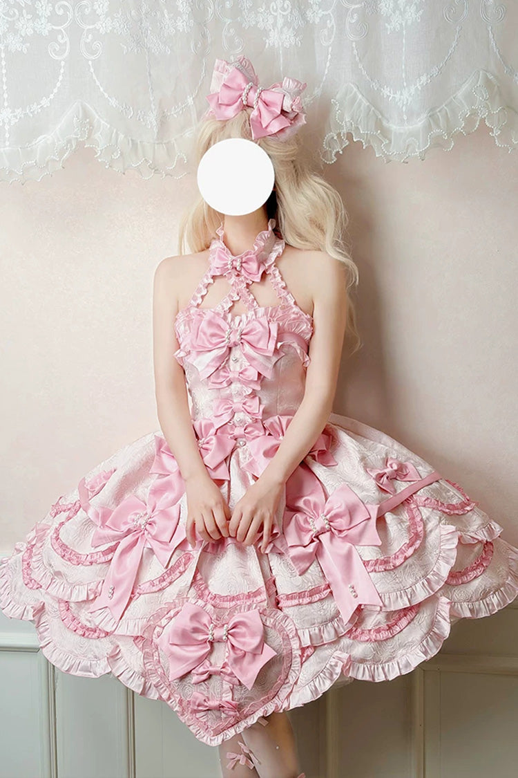 Pink [Sweetheart Petals] Halterneck Sleeveless Multi-Layered Jacquard Ruffled Bow Pearl Detail Sweet Lolita Jsk Dress - Product - 4