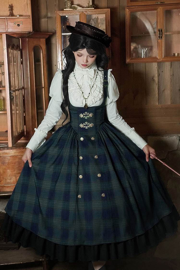 Blue/Green [Berlin's letter] Double-Layered Plaid Print Ruffle Bowknot Classic College Style Lolita Strap Dress Set 2 Versions - Product - 8