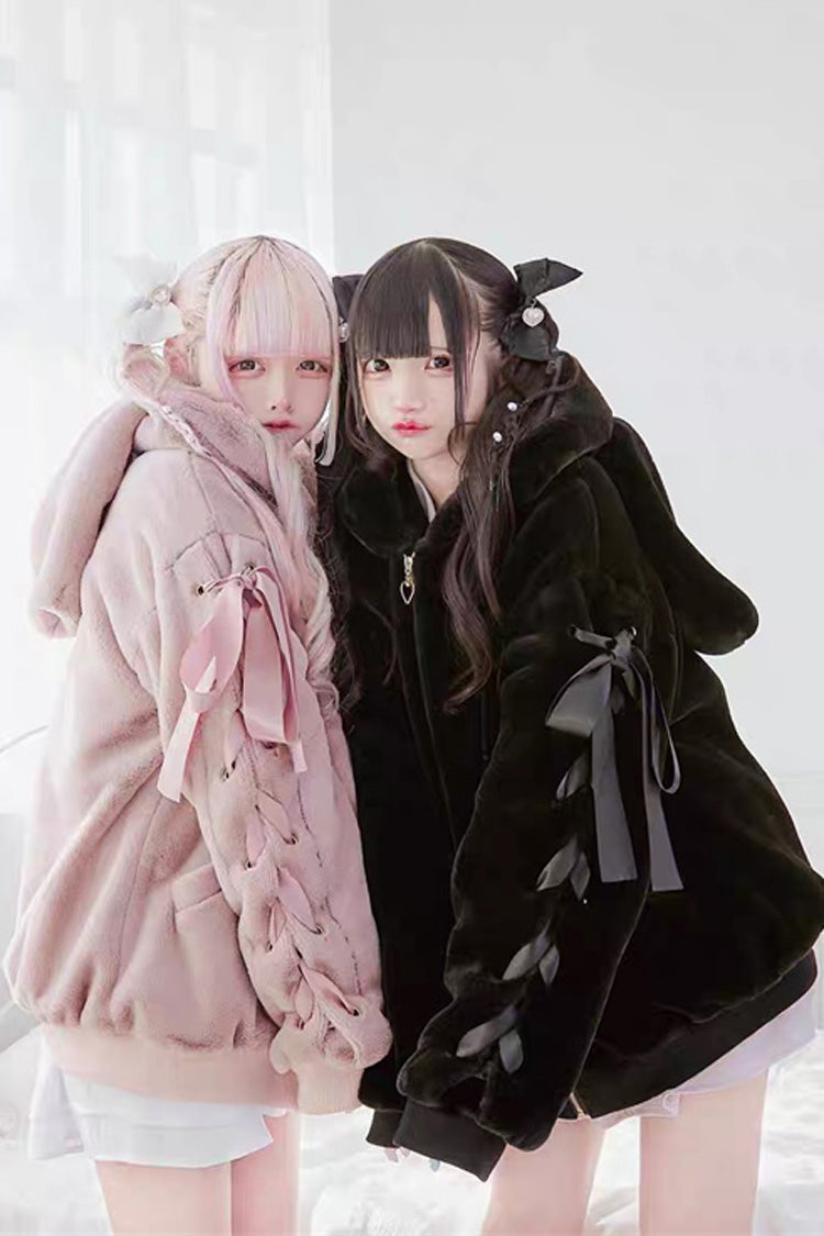 Pink Rabbit Ears Long Sleeves Bowknot Lace-Up Hooded Jirai Kei Coat - Product - 7