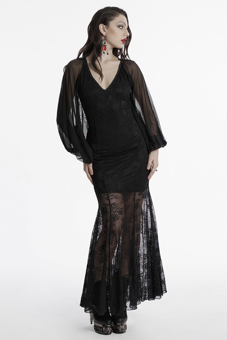 Black Long Plunging Batwing Sleeves Hollow Embroidery Women's Punk Dress - Product - 4