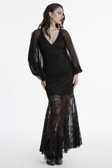 Black Long Plunging Batwing Sleeves Hollow Embroidery Women's Punk Dress - Product - 4