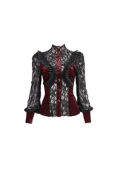 Red Velvet High Neck Lace Fake Bra Design Splicing Three-Dimensional Butterfly Mesh Women's Gothic Shirt - Product - 8