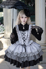 Black/Grey Witch Long Sleeves Gradient Multi-Layered Ruffle Bowknot Lace Gothic Chinese Style Lolita Dress - Product - 3