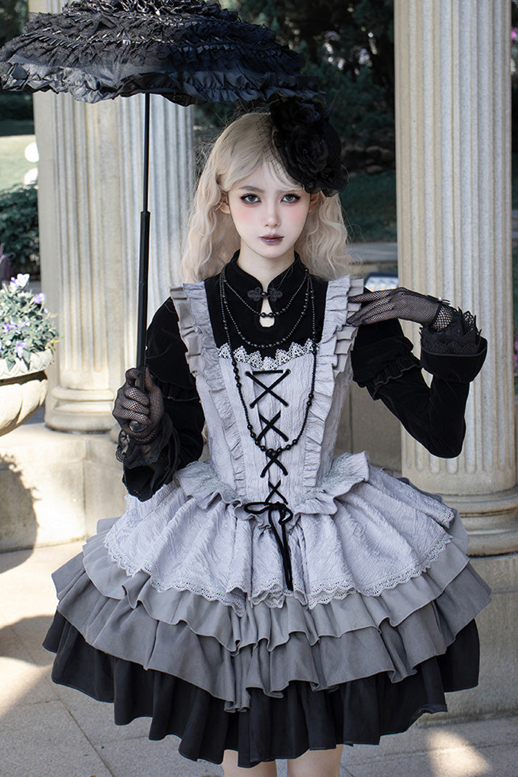 Black/Grey Witch Long Sleeves Gradient Multi-Layered Ruffle Bowknot Lace Gothic Chinese Style Lolita Dress - Product - 3