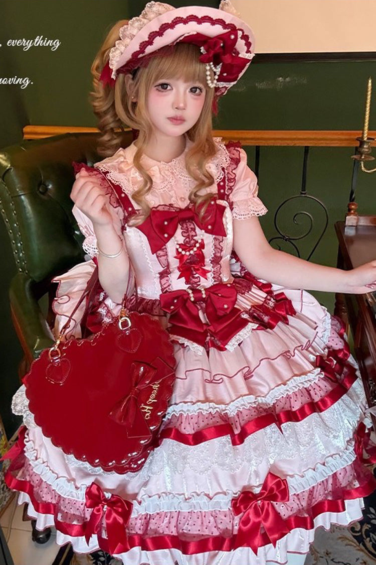 レッド [Ribbon Berries] ノースリーブ ティアード フリル リボン レース スウィートロリータ ジャンパースカート（JSK） 商品画像