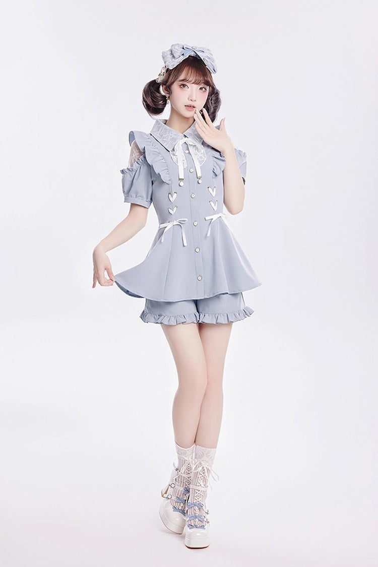 [Alice of Wednesday] Sweet Off Shoulder Short Sleeves Ruffle Bowknot Lace-Up Japanese Jirai Kei Dress Shorts Set 3 Colors - Product - 4