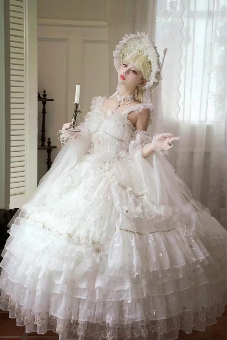 White [Dreamy Waltz] Sleeveless Multi-Layered Ruffled Hanayome Bow Lace Chiffon Gothic Gorgeous Lolita Jsk Dress - Product - 3