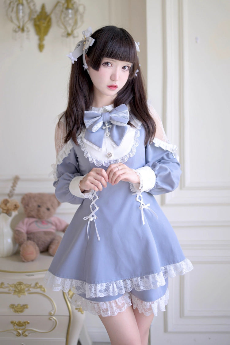 Grey/Blue [Divine love] Long Sleeves Hollow Bowknot Lace Lace-Up Sweet Jirai Kei Dress Shorts Set - Grey/Blue - 1