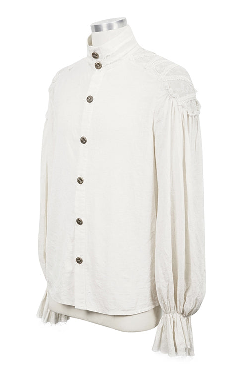 White Straight Collar Puff Sleeve Jacquard Mens Punk Blouse - Product - 5